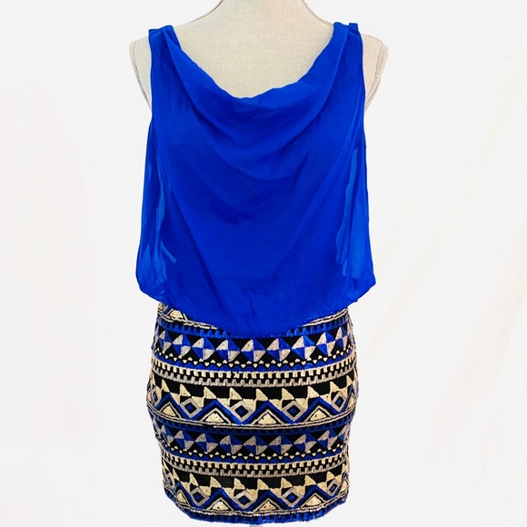 As U Wish Blue/Gold Scoop Neck Body Con dress - Picture 2 of 4